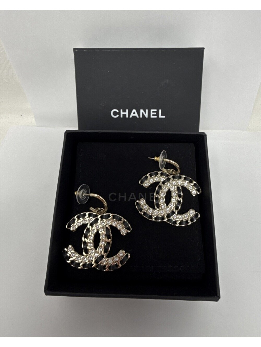 Chanel Crystal Braided Black Leather Gold CC Logo Chain Dangle Drop Earrings